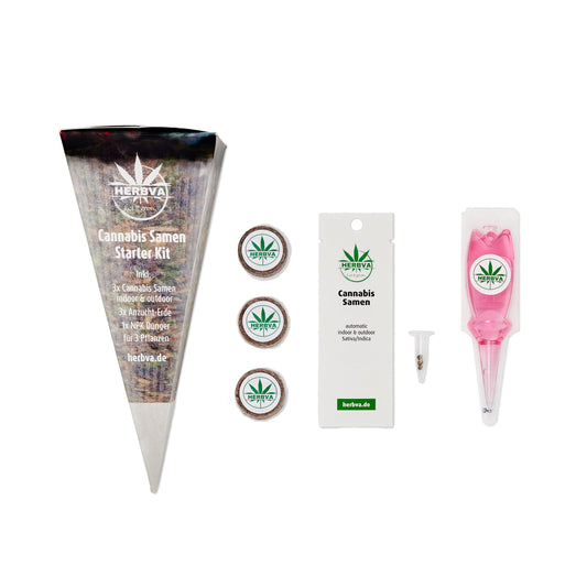 HERBVA Cannabis Samen Starter Kit - 3 Quelltabletten, 3 Samen, Dünger - Schultüte im Riesenjoint-Design